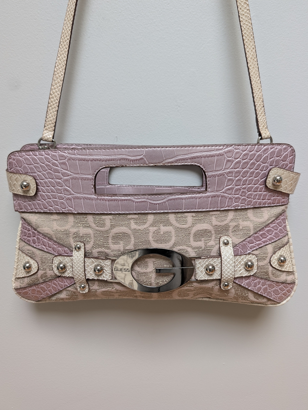 Vintage Y2K GUESS Pink Cream Monogram Croc Handbag